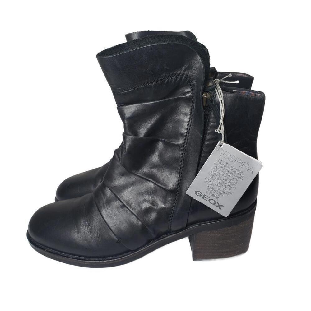Geox Respira Women's Sz 38 Black Ruched Leather Ankle Boots